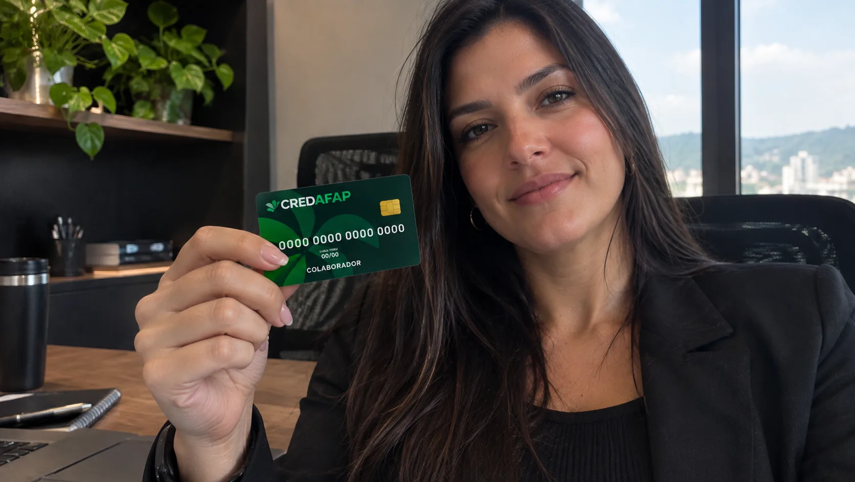 Mulher apresentando o cartão CRED AFAP em ambiente profissional