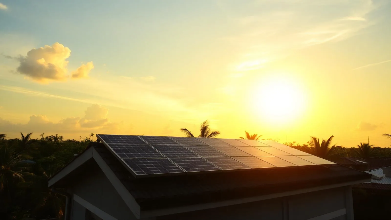 Painéis solares instalados em telhado residencial ao pôr do sol